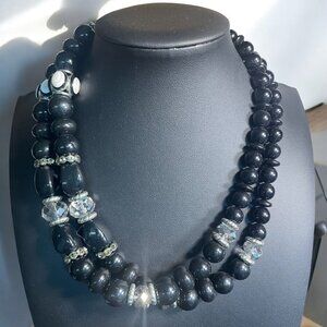 Black Beaded Double Strand Necklace Crystal Accents Adjustable Glam Bold Fashion